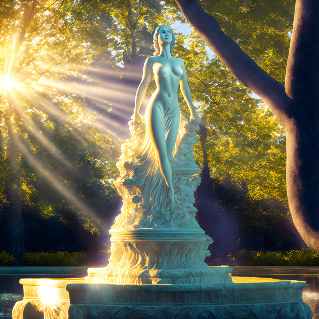 Serene woman statue in sunlit park with ethereal ambiance