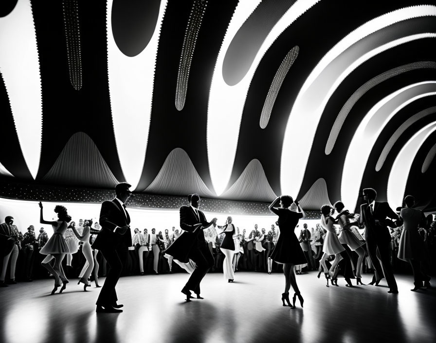 Black and White Ballroom Dancing Photo with Abstract Ceiling Design