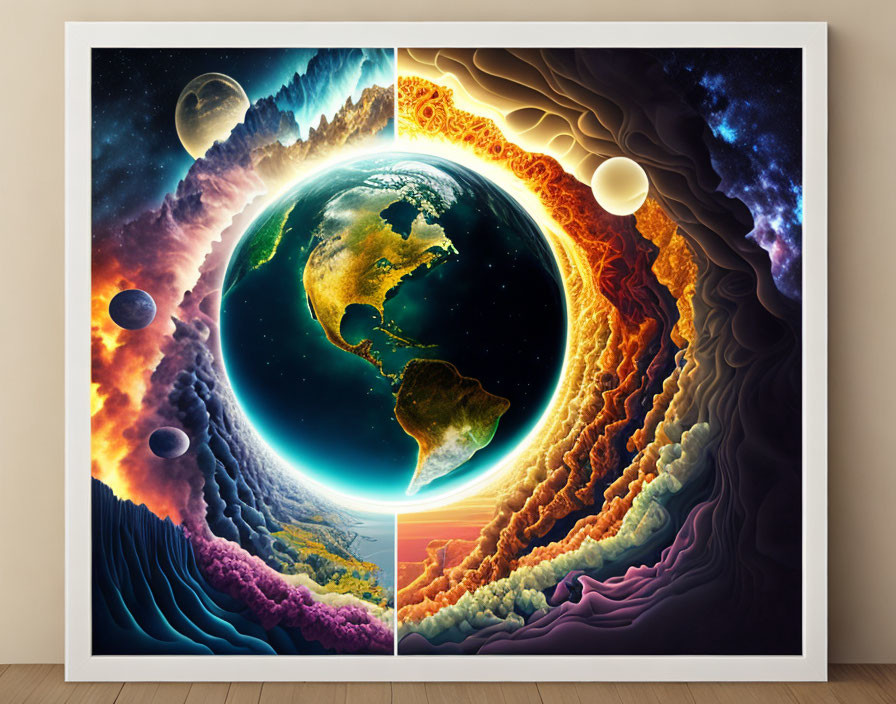 Colorful Earth-centered artwork with day, night, and celestial elements.