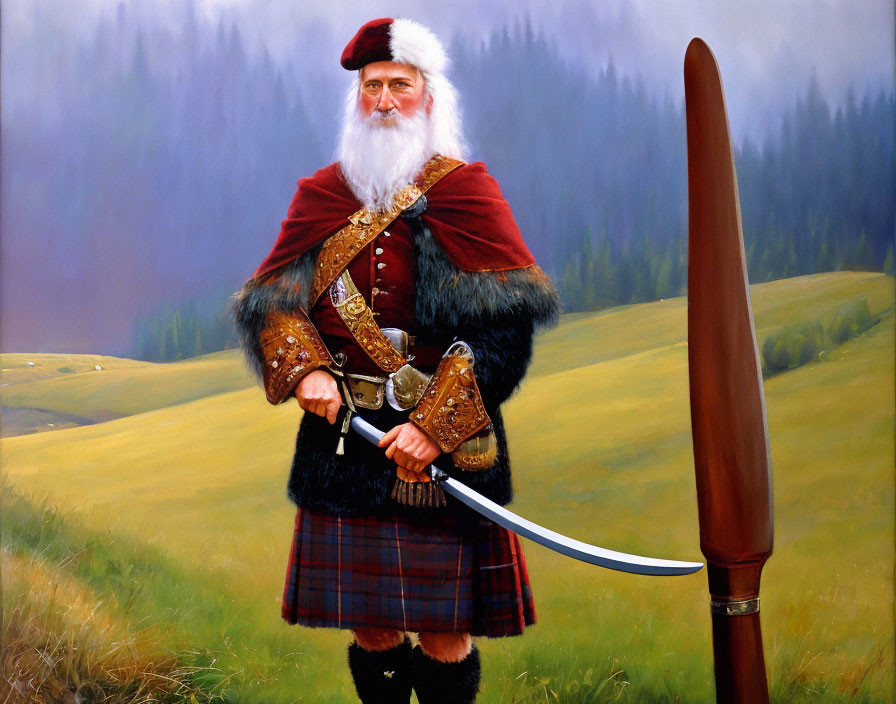 Bearded man in Scottish attire with sword beside propeller blade in misty field