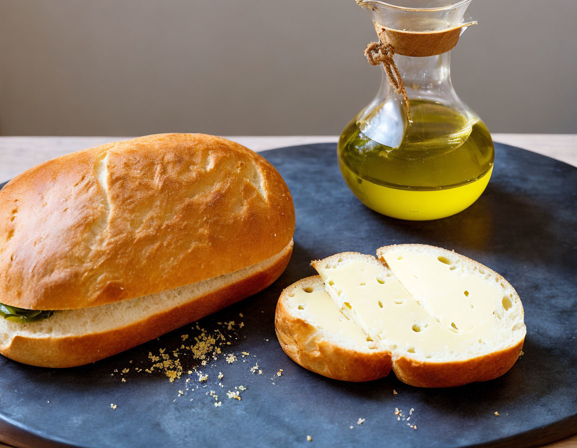 Bread Loaf, Buttered Slices, Olive Oil Cruet on Blue Plate