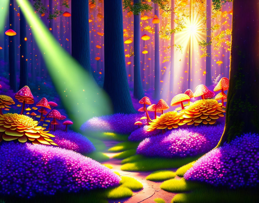 Colorful Mushroom Clusters in Vibrant Forest Scene