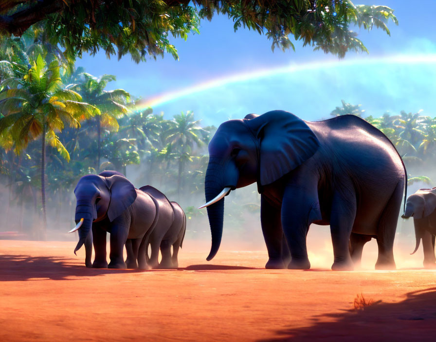 Elephants Family Walking Under Rainbow in Misty Palm Grove