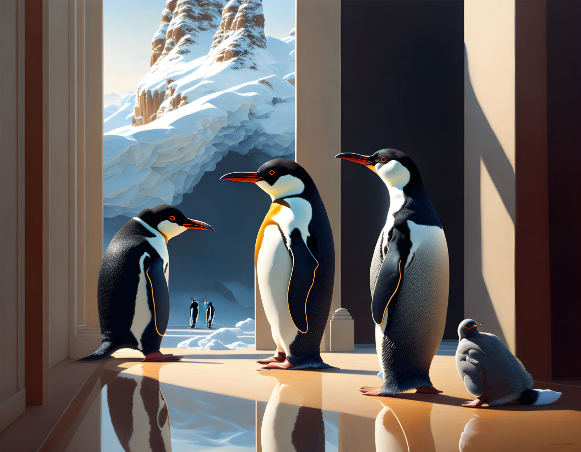 Three penguins on a sleek floor in a structure with large windows overlooking a snowy mountain landscape, with