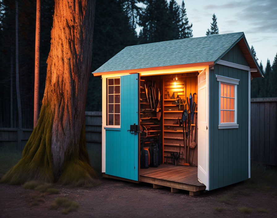 Twilight scene of small wooden shed with open door and tools inside