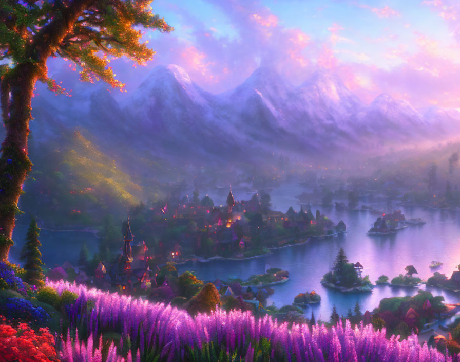 Fantasy landscape with purple flowers, village by a lake, snow-covered mountains