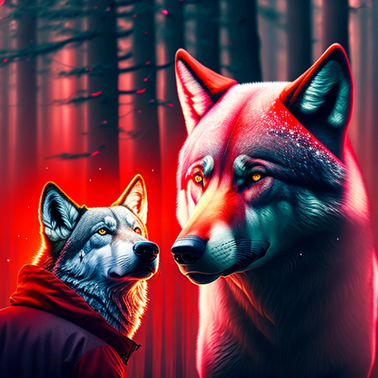 Person with Wolf's Head & Real Wolf in Neon-Lit Red Forest