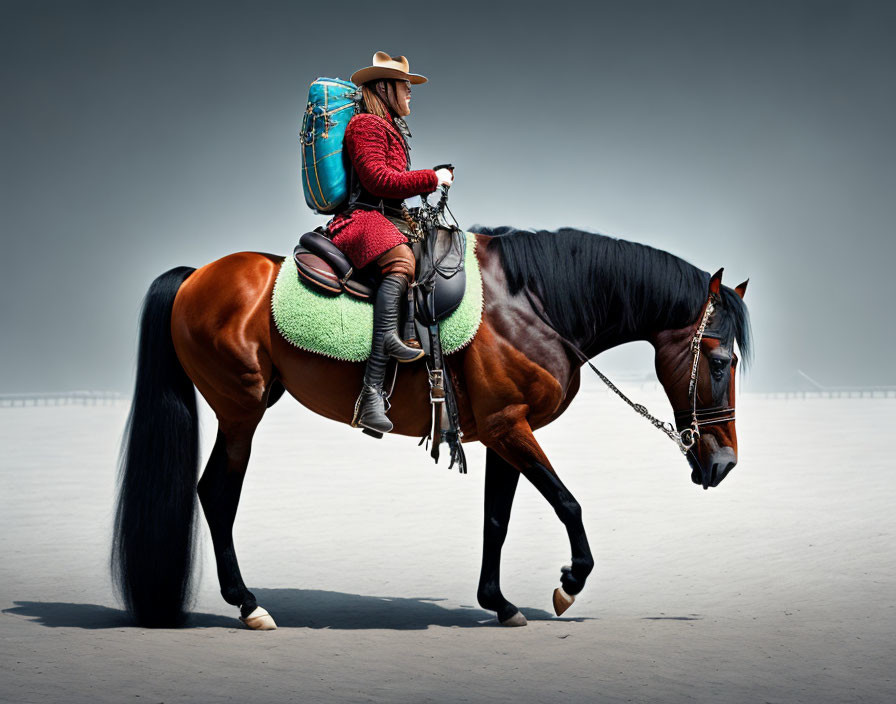 Cowboy on Brown Horse with Backpack in Distance