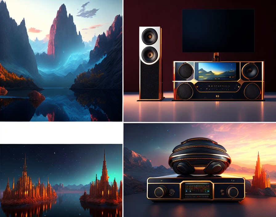 High-End Audio Equipment Triptych Featuring Mountainous Landscapes and Starry Night Sky