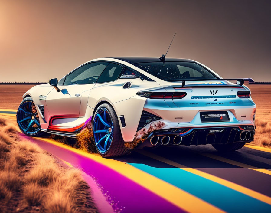 White Sports Car with Blue Accents and Large Spoiler on Colorful Road at Sunset