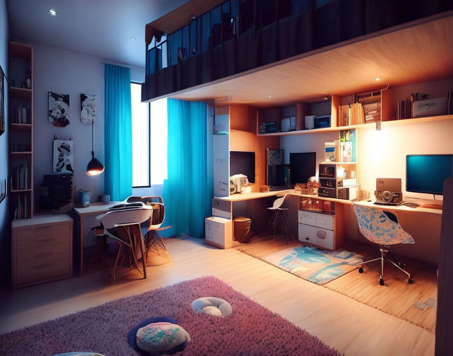 Modern Home Office with Two Desks, Blue Curtains, Ambient Lighting, and Loft Bed