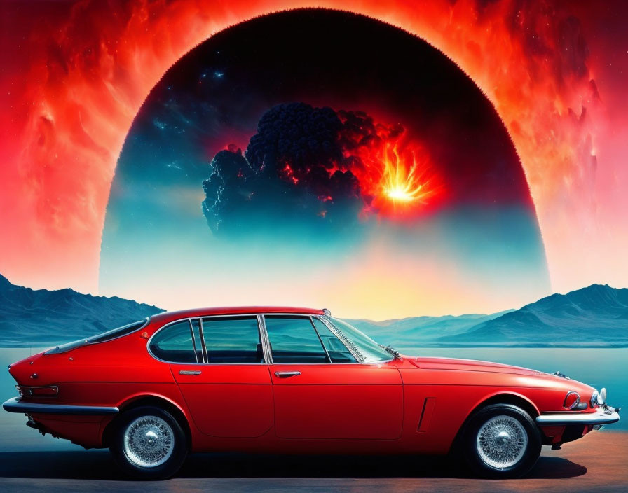 Red classic car parked in front of fiery celestial backdrop