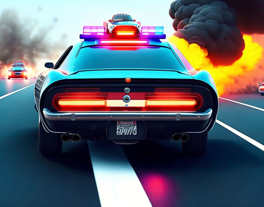 Dynamic police chase scene with muscle car, flashing lights, explosions, and police pursuit.