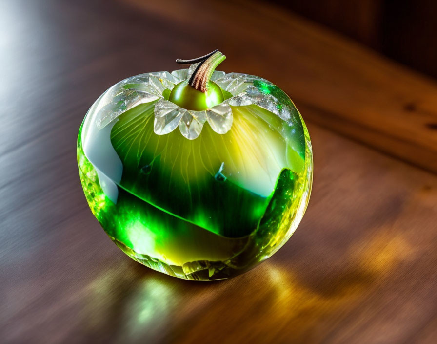 Glass apple sculpture with green gradient, clear leaf, and metal stem on wood.