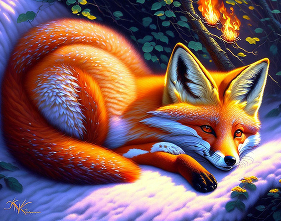 Red Fox Lying Down with Curled Tail in Forest Scene