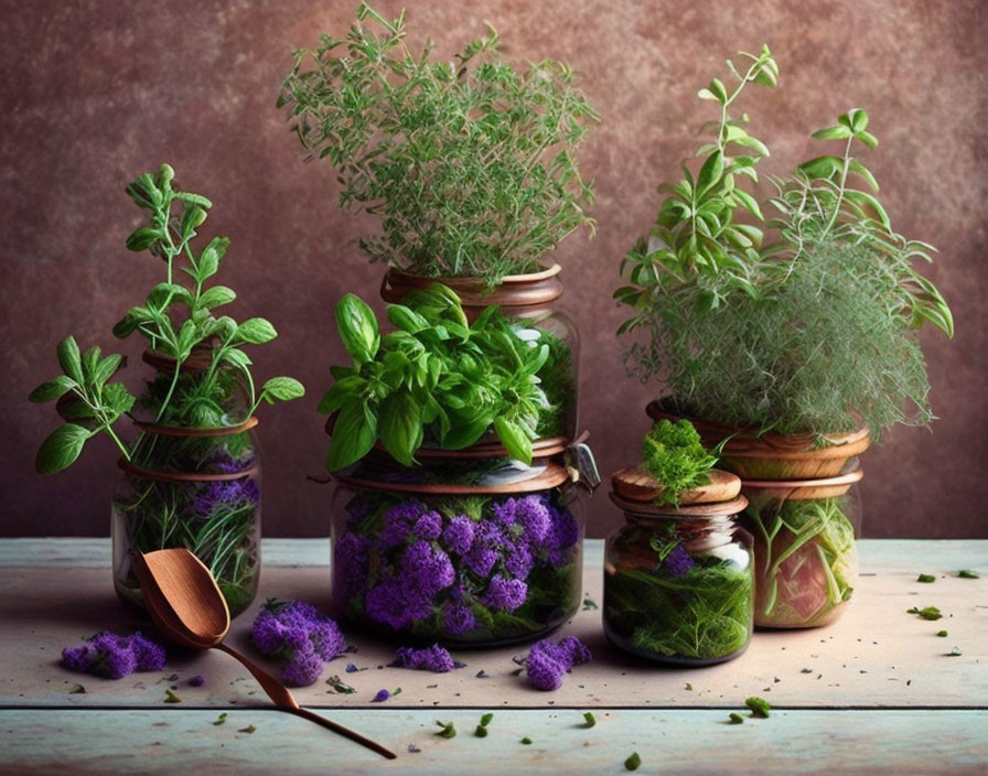 Assorted fresh herbs in glass jars on wooden lids with wooden spoon on table, purple flowers, burg