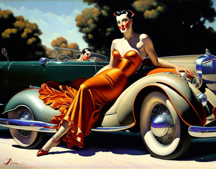 Vintage-style painting: Woman in orange dress on classic car