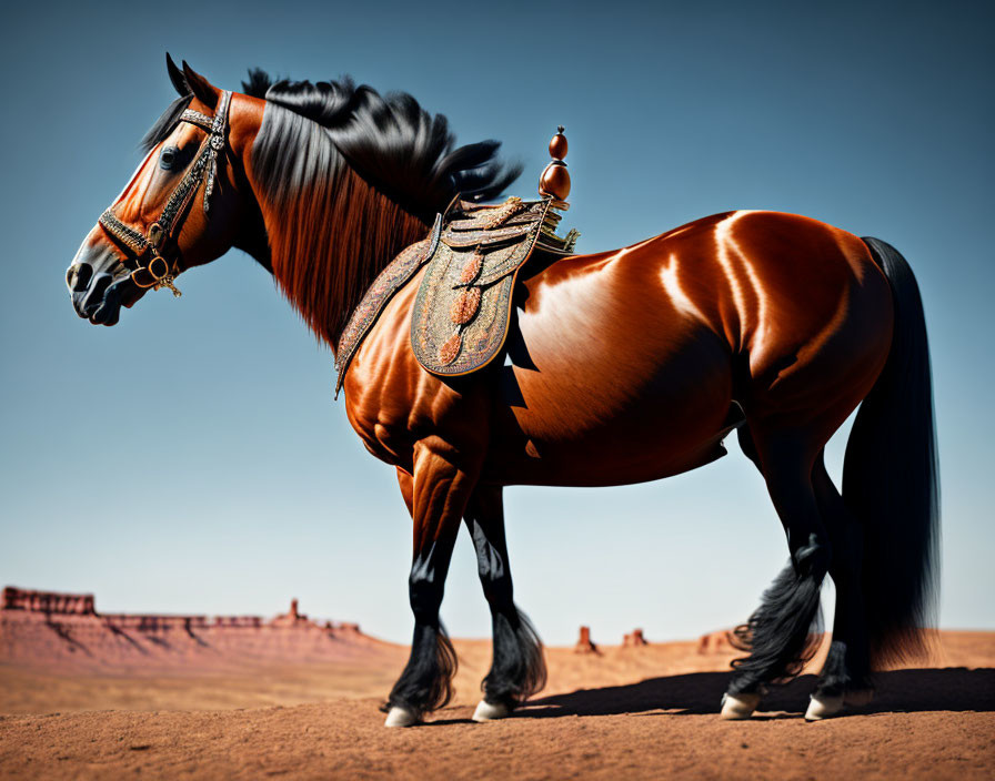 Chestnut horse with lustrous mane in desert with detailed saddle