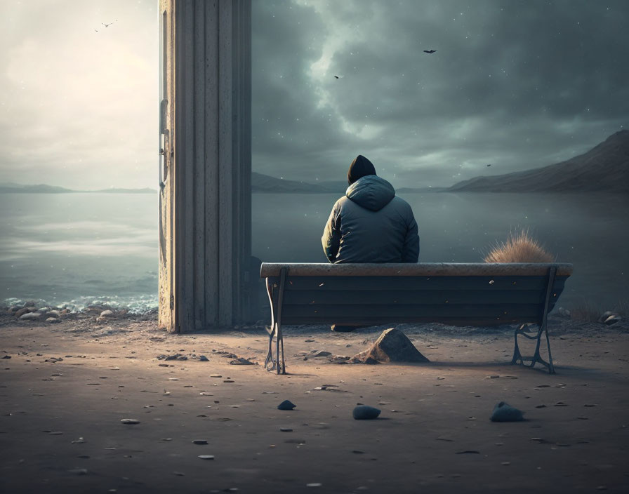 Hooded figure on bench gazes at serene landscape