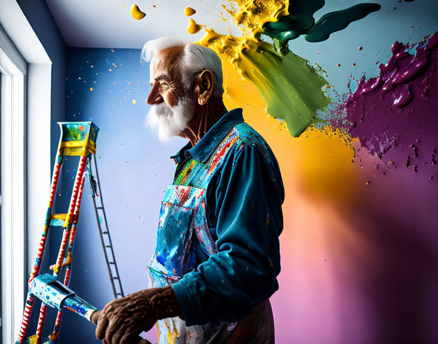 Elderly painter in colorful splattered outfit beside ladder with vibrant paint splashes.