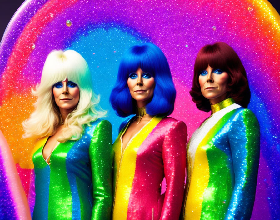 Three Women in Vibrant Multicolored Outfits Against Cosmic Glittery Backdrop