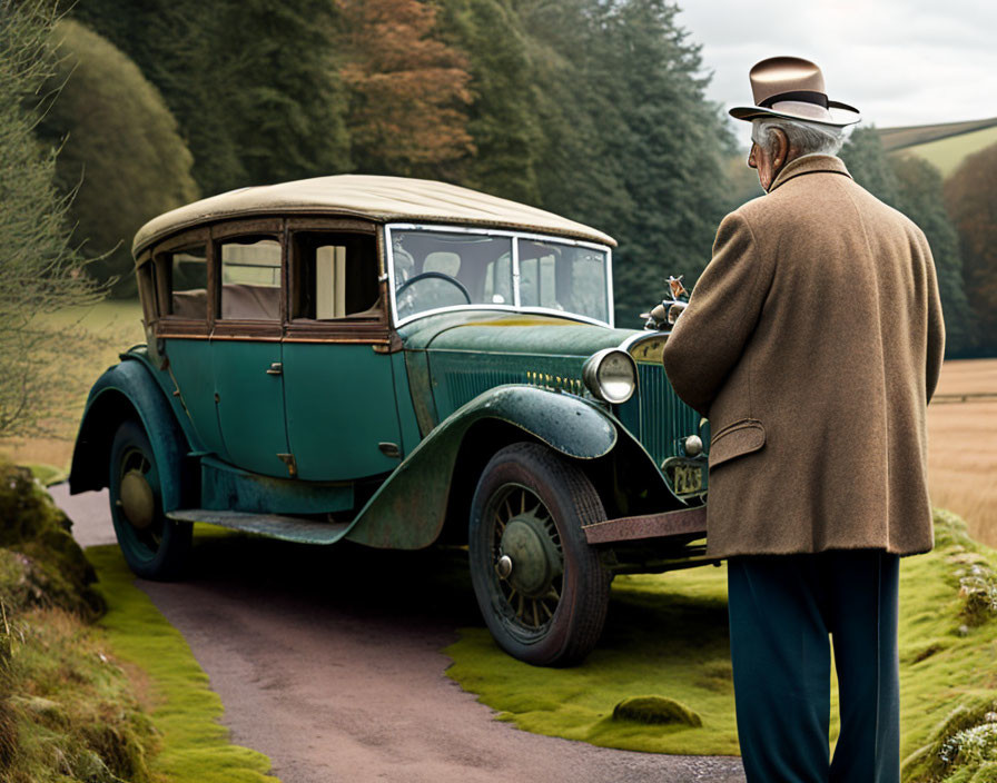 Elderly man in hat and coat near vintage teal car on tree-lined road