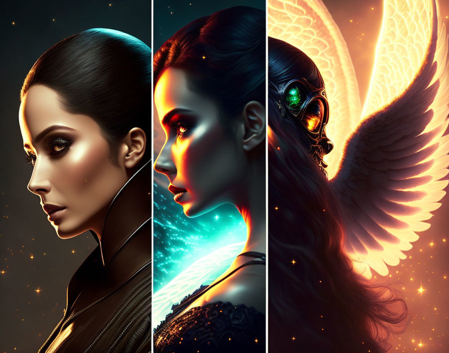 Colorful Three-Panel Portrait of Woman with Futuristic, Fantasy, and Angelic Themes