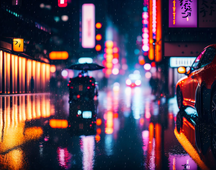 City street illuminated by neon lights with cars on wet road at night