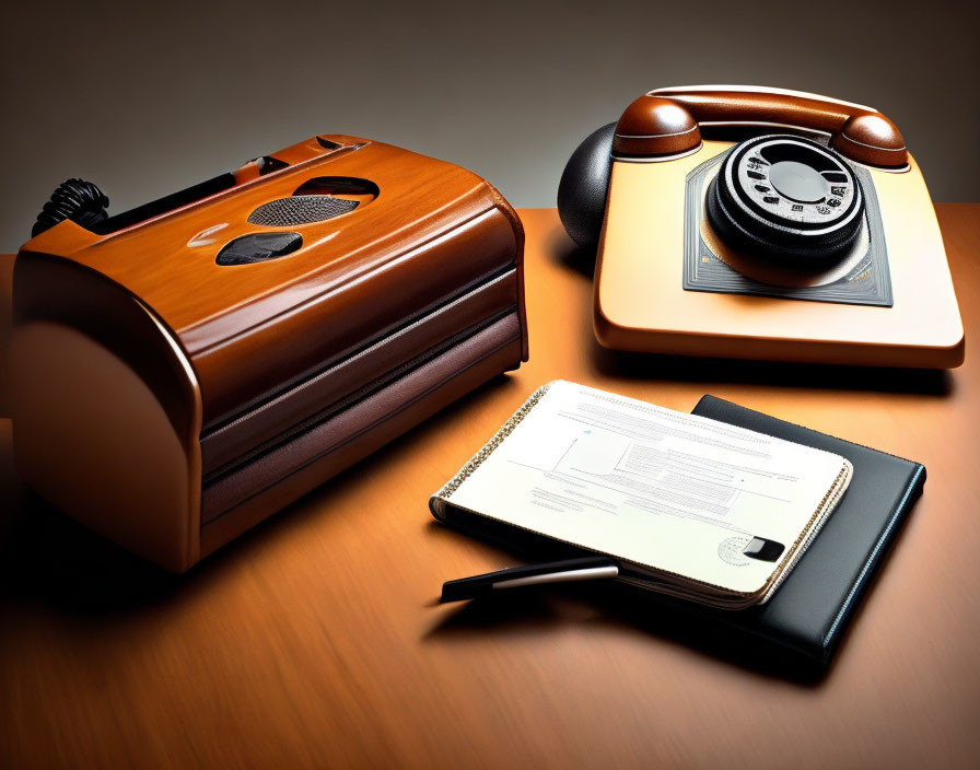 Vintage Desk Setup with Retro Telephones, Leather Notebook, and Pen