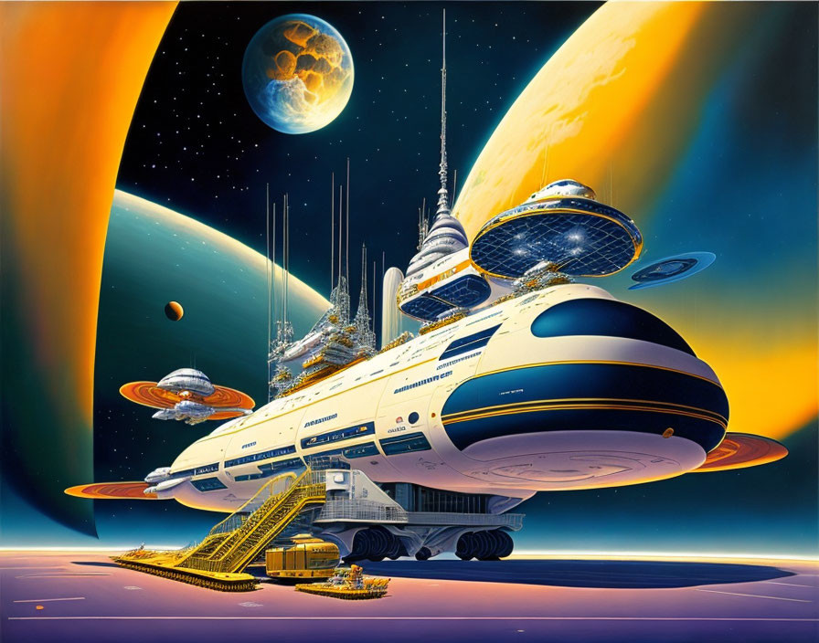 Futuristic spaceship on alien world with moons & planets