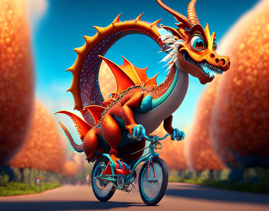 Colorful dragon on blue bicycle surrounded by giant orange fruits under clear sky