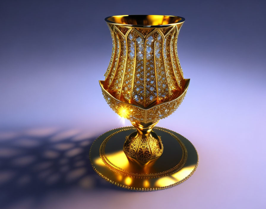 Intricate golden chalice with reflective surface and soft glow