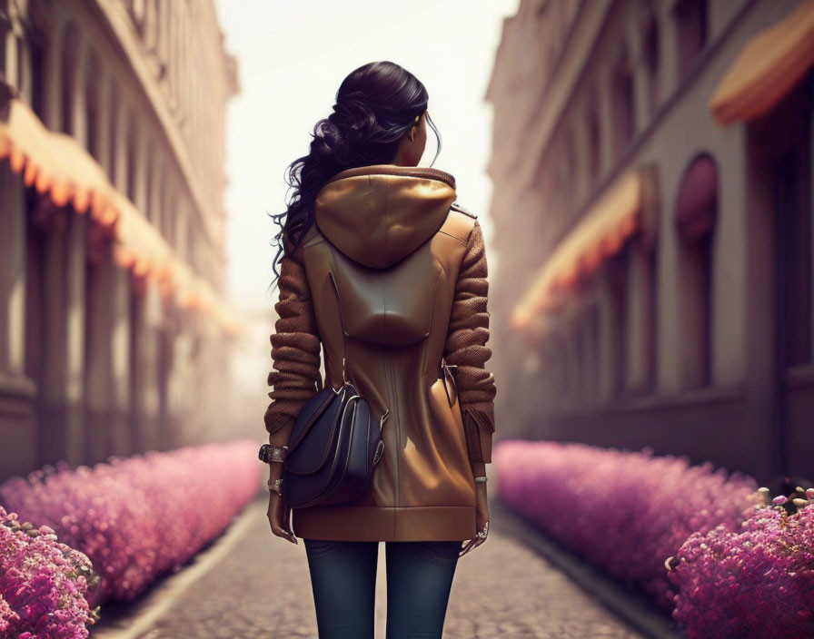 Woman with long hair in tan jacket walking down street with pink flowers and old buildings