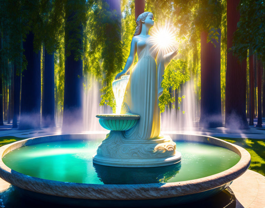 Tranquil statue of woman pouring water in bamboo forest