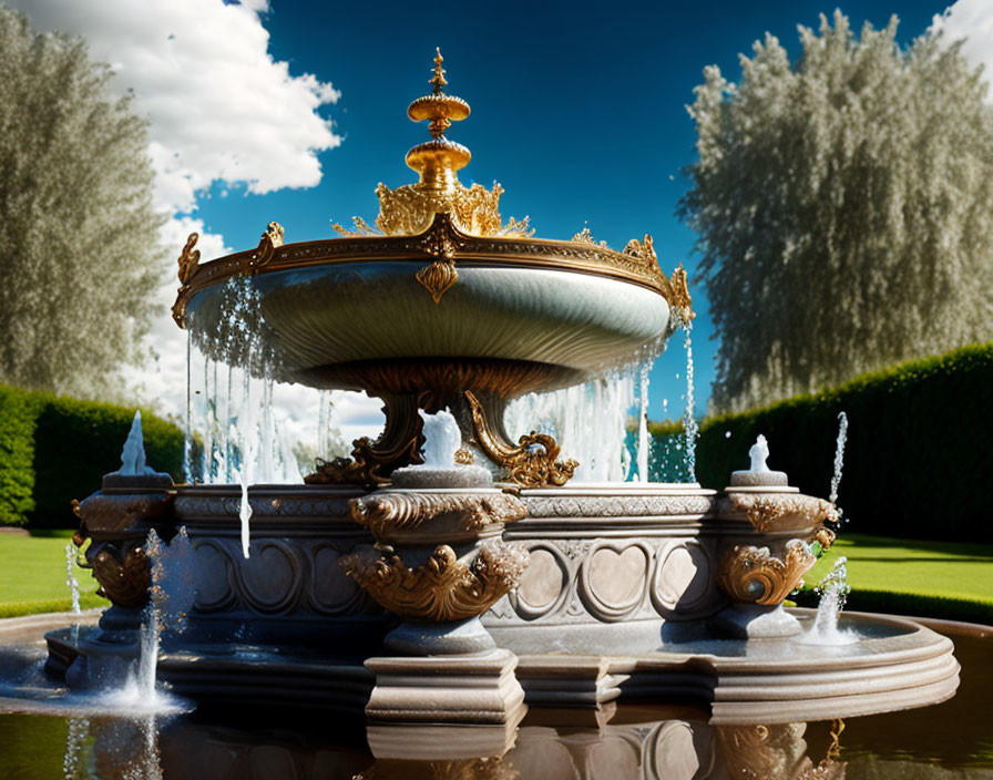 Ornate two-tiered fountain with gold trim under blue sky