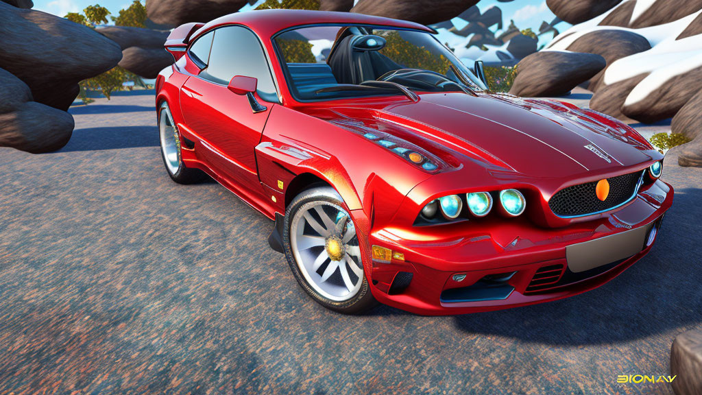 Red Sports Car Parked on Road with Rocks and Greenery Background