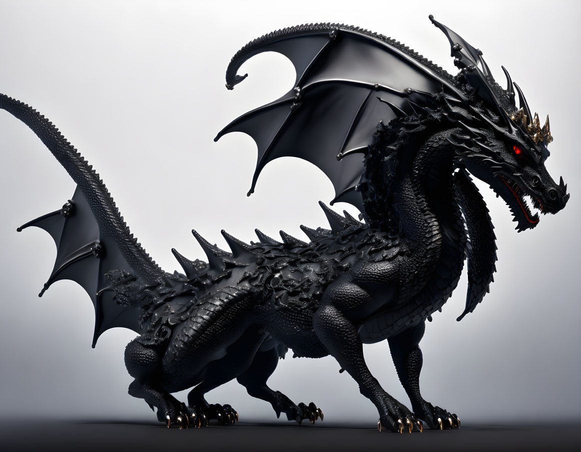 Black dragon with large wings and red eyes on grey background