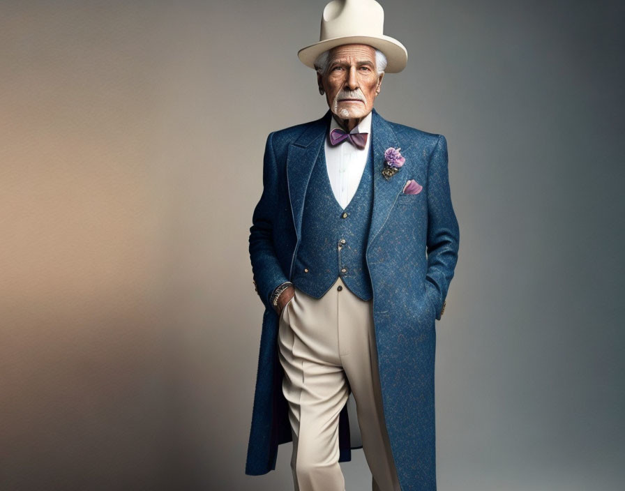 Sophisticated elderly man in stylish suit, bow tie, vest, and white hat.