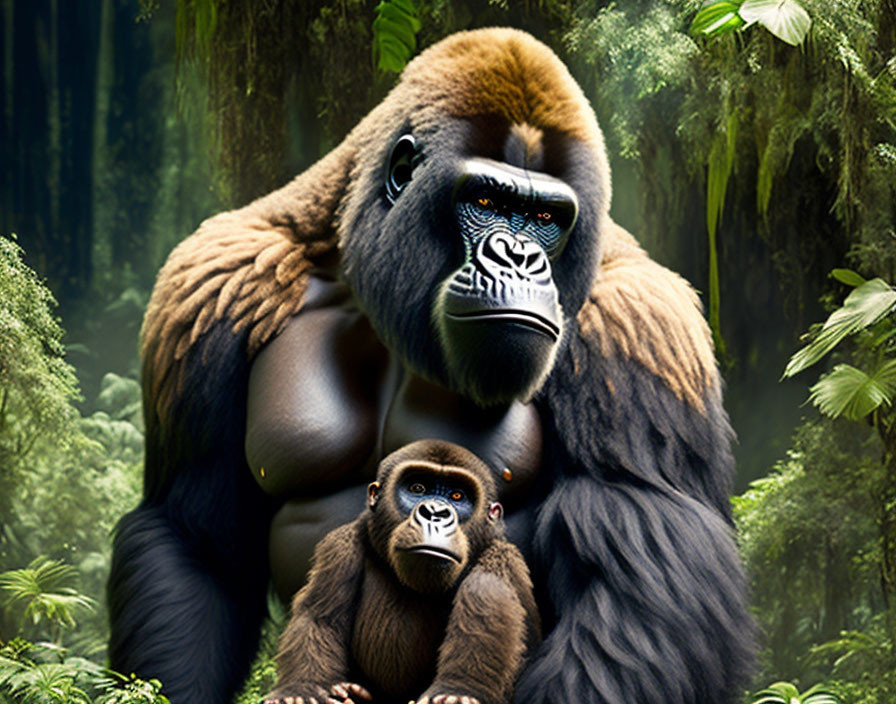 Adult gorilla cradles young gorilla in lush green forest