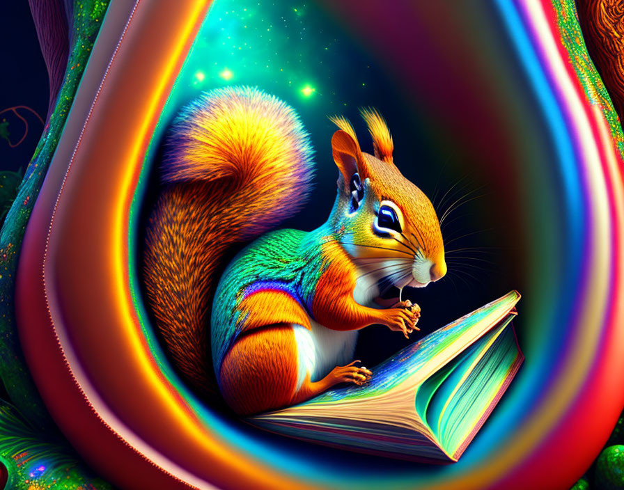 Colorful Illustration: Squirrel with Bushy Tail Reading Book in Neon Light Frame