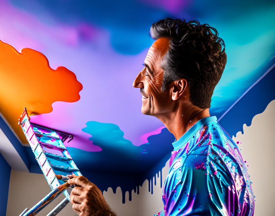 Colorful Outfit Man Painting Vibrant Wall with Imaginative Clouds