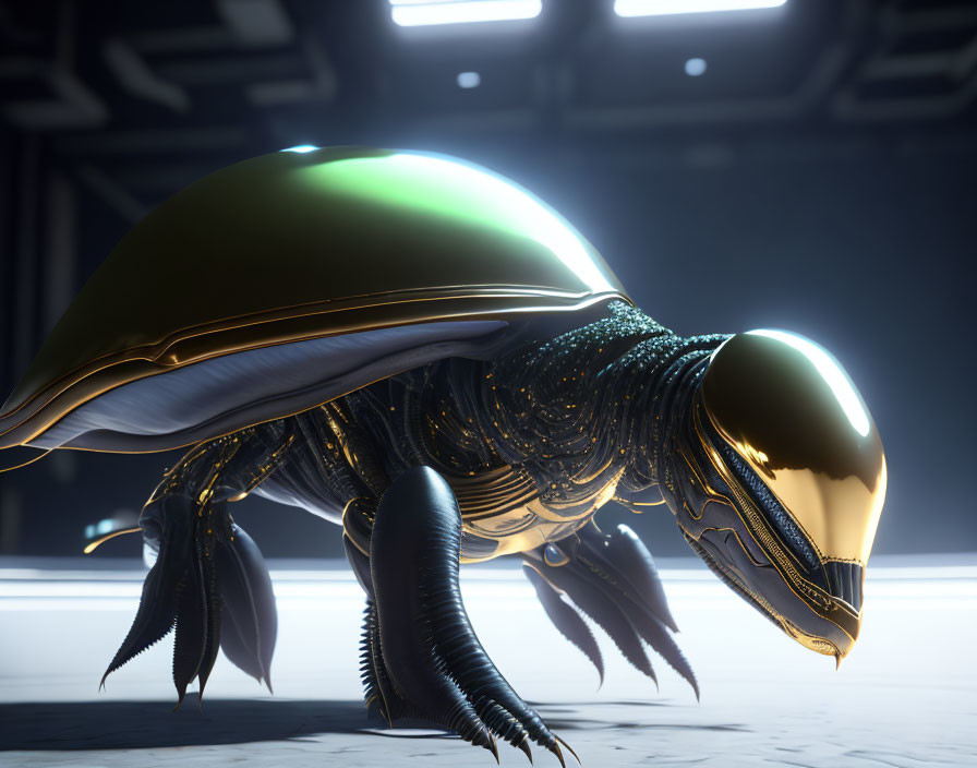 Golden glossy beetle robot with segmented body in dimly lit setting