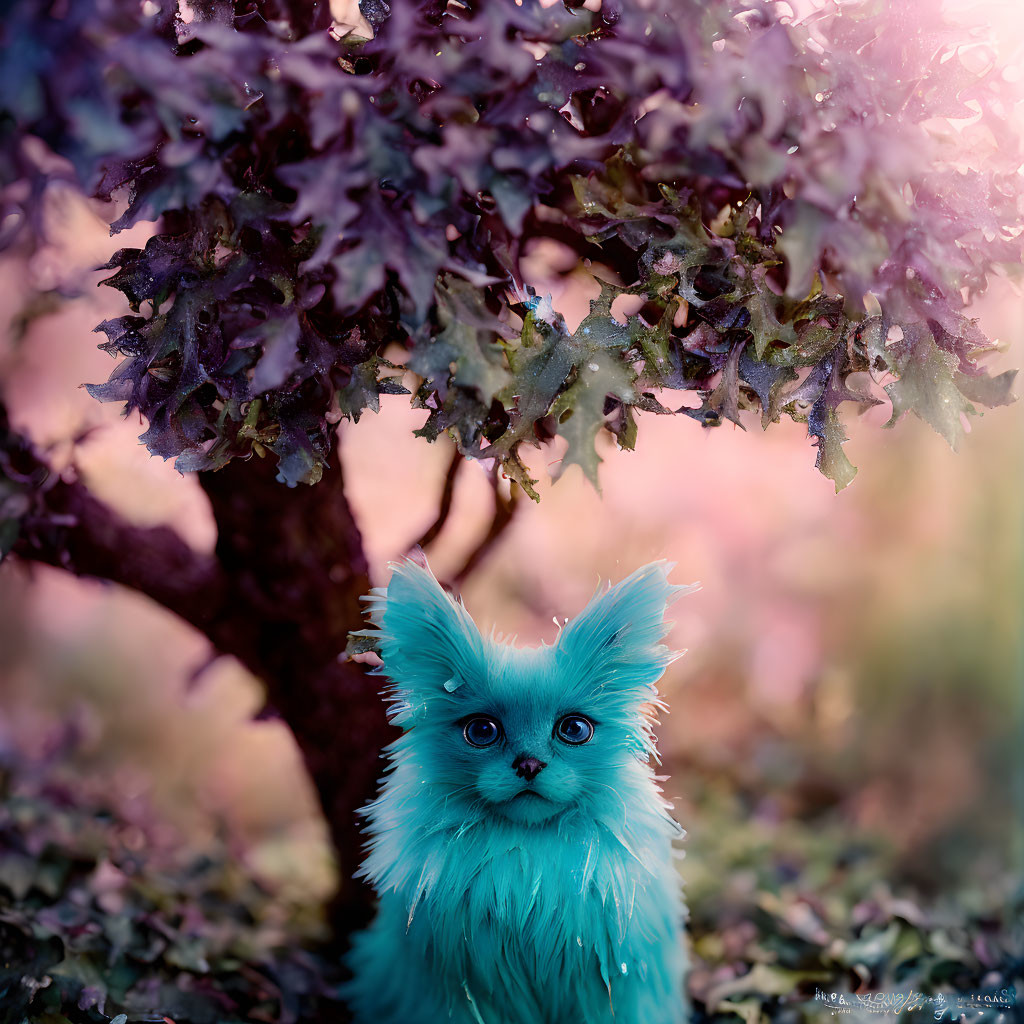 Blue fluffy fantasy cat under tree with red leaves on pink & green background