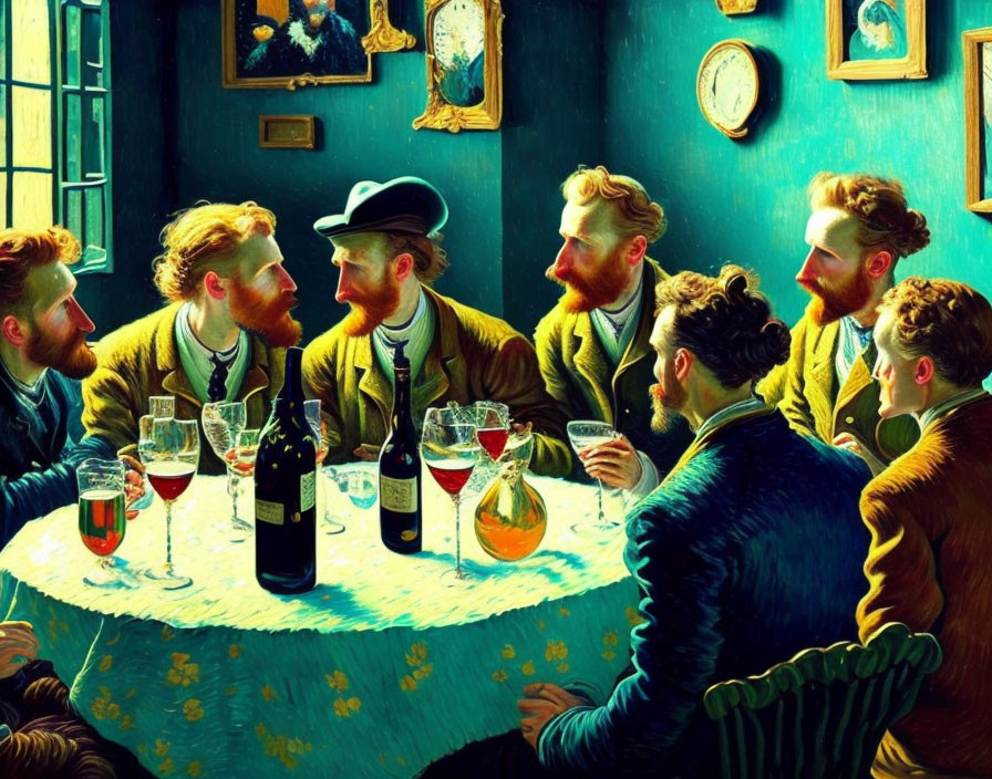 Colorful painting of bearded man in various poses at table with wine against blue background