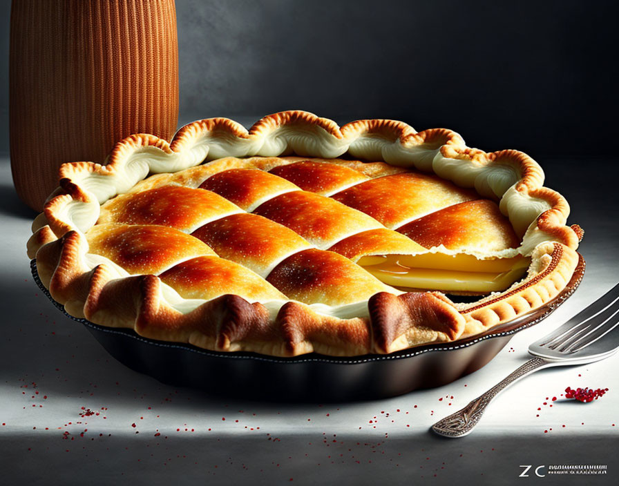 Golden lattice-top pie on dark surface with fork and jug