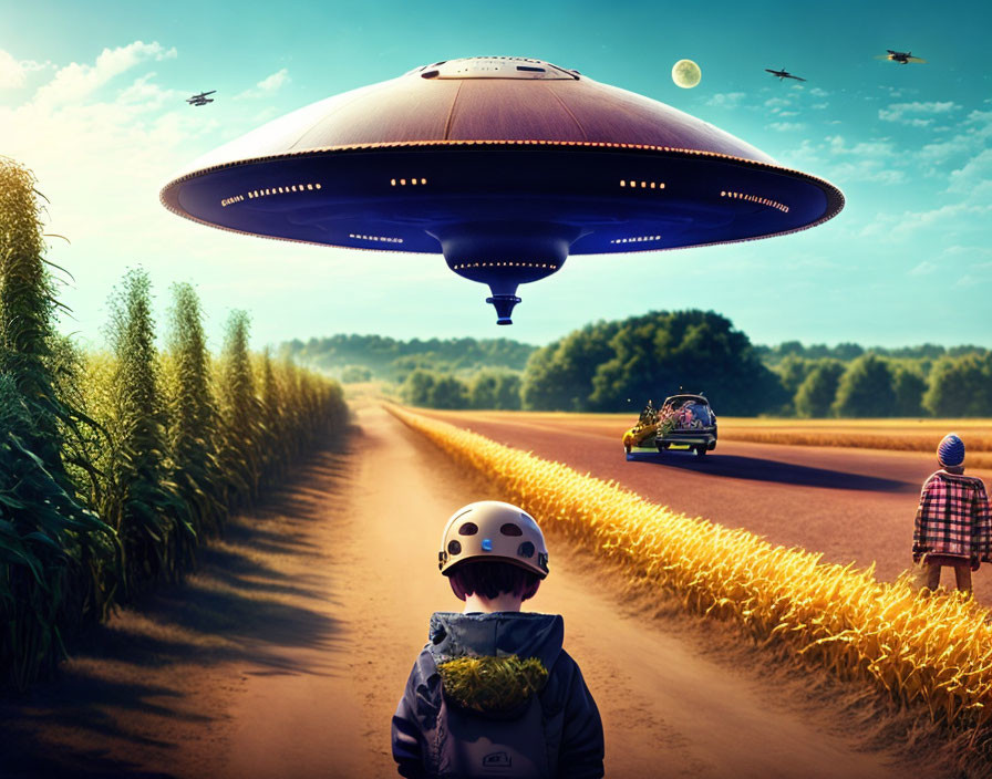 Child with helmet watches classic car race away from UFO in rural setting.