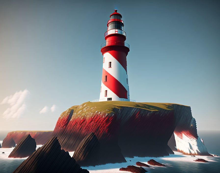 Red and White Striped Lighthouse on Rocky Island at Sunset