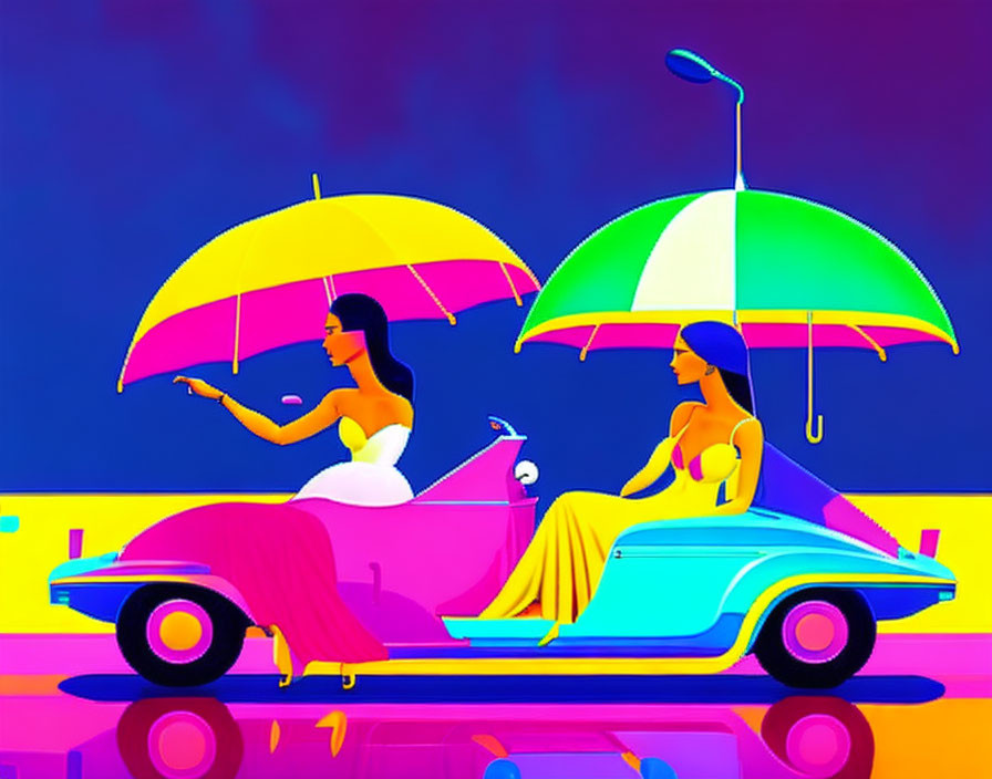 Stylized women with umbrellas on retro convertible against colorful background