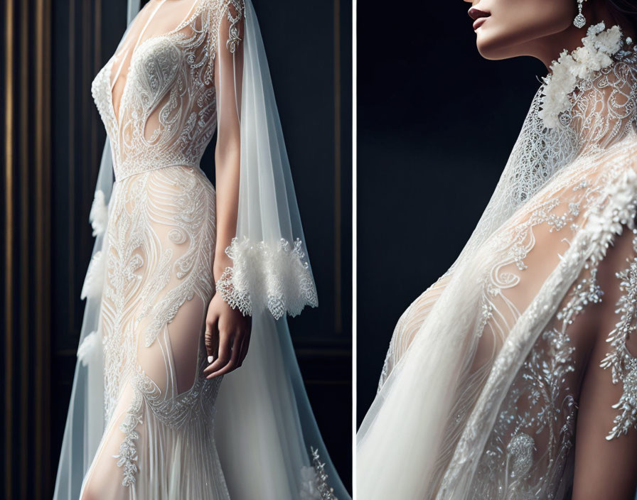 Elegant bride in intricate lace wedding gown with sheer back and sleeves