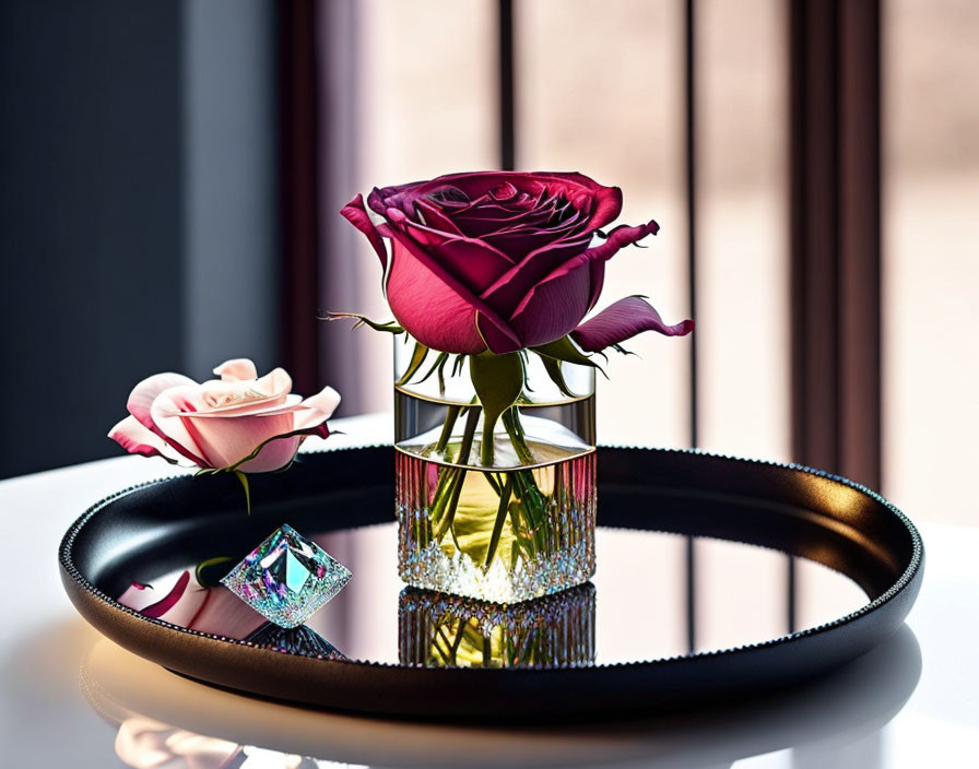 Magenta and Pink Roses in Vases on Round Tray with Prism by Window